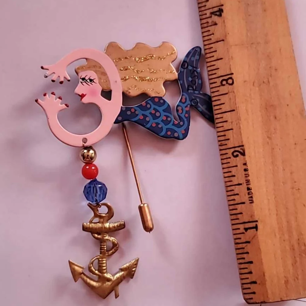 FANCIFUL FLIGHTS Nautical Mermaid Under the Sea Anchor Golden Hair Stick Pin